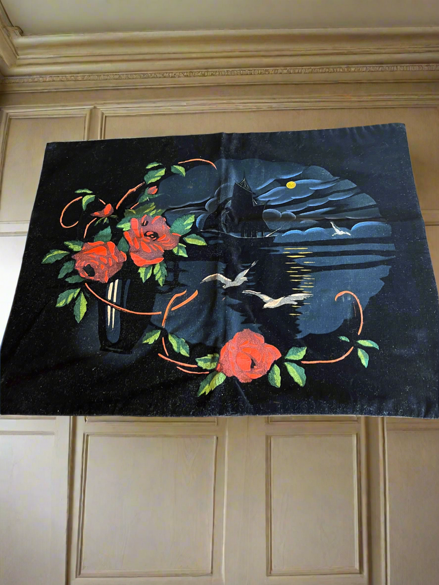 🌸 Vintage Velvet-Backed Theorem 🎨 Hand-Painted Floral Wall Art 🌿