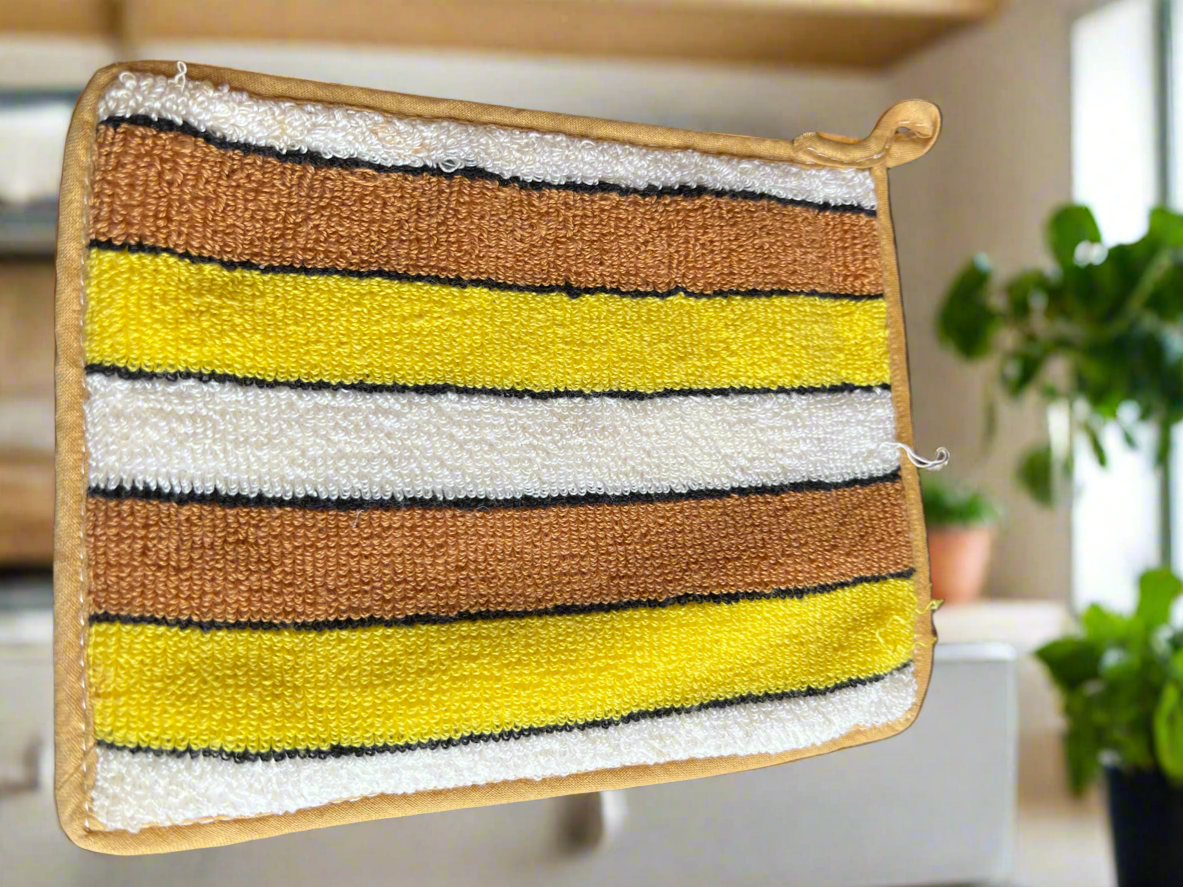 π³ Vintage Striped Oven Mitt β Brown, Yellow & White, 6" x 2"