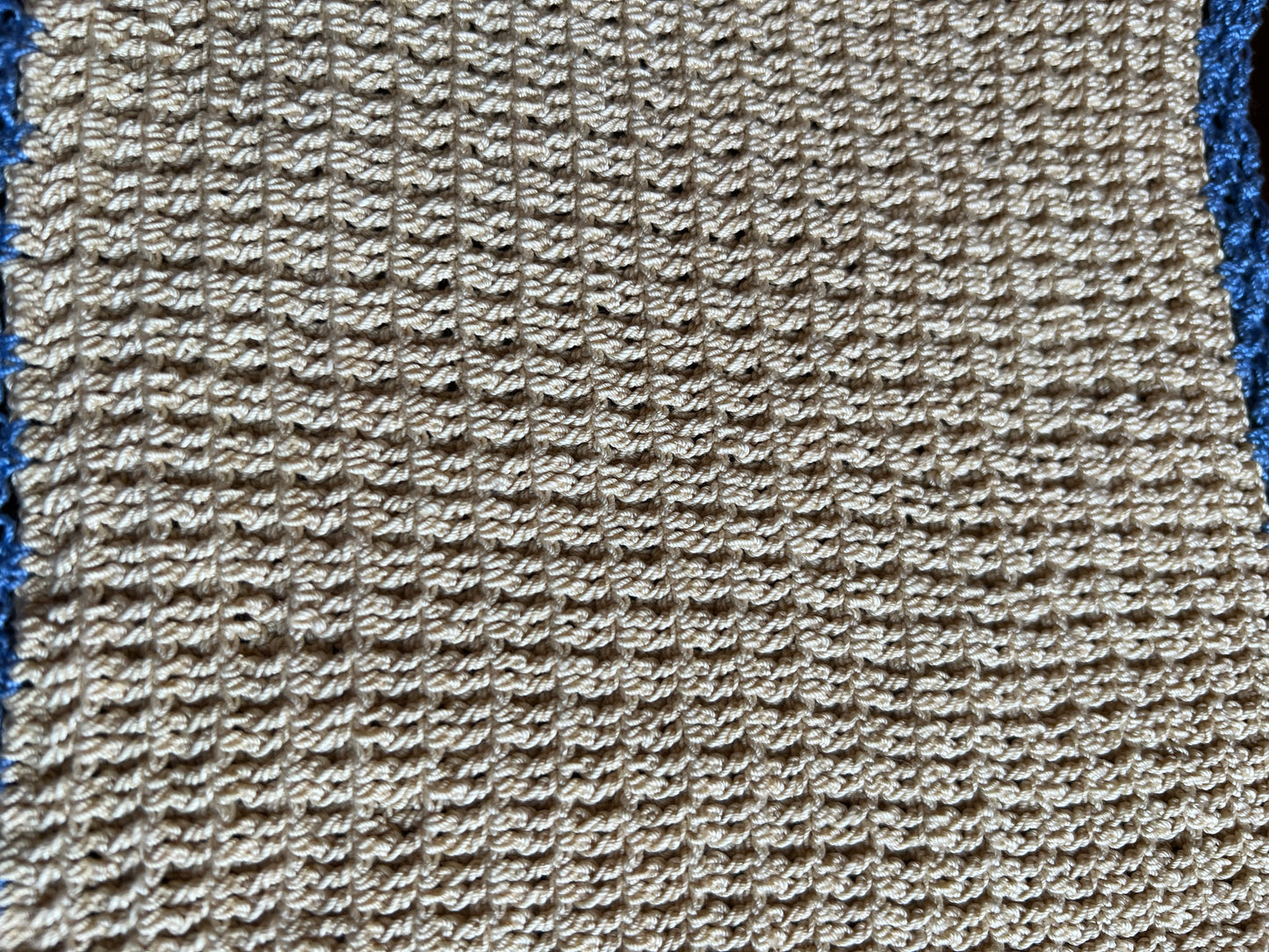 🍳 Vintage Crocheted Potholder – Tan and Blue, 8" x 8"