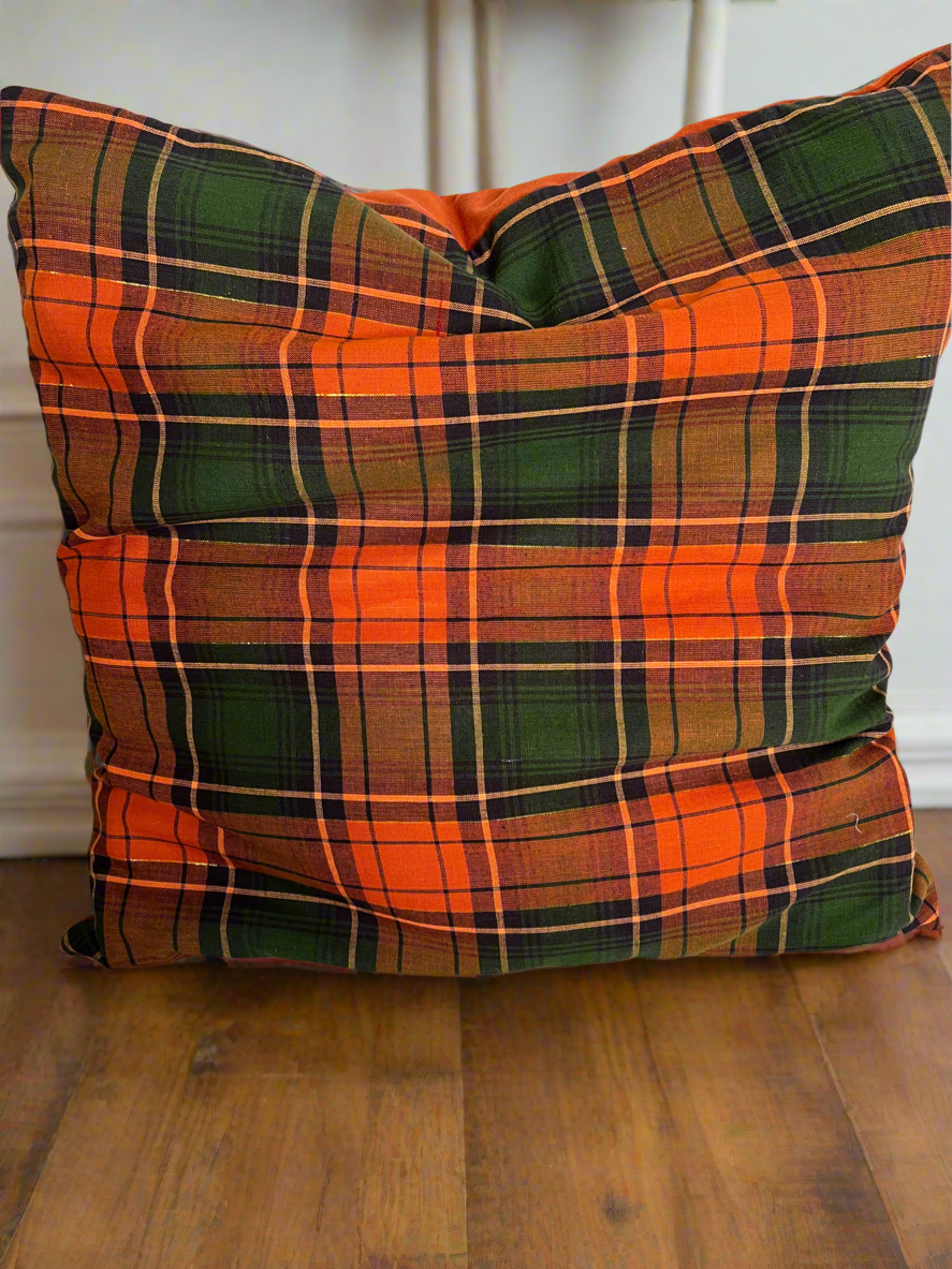 π Fall Orange and Green Checked Pillow π 20x20 Cozy Autumn Accent π§‘π