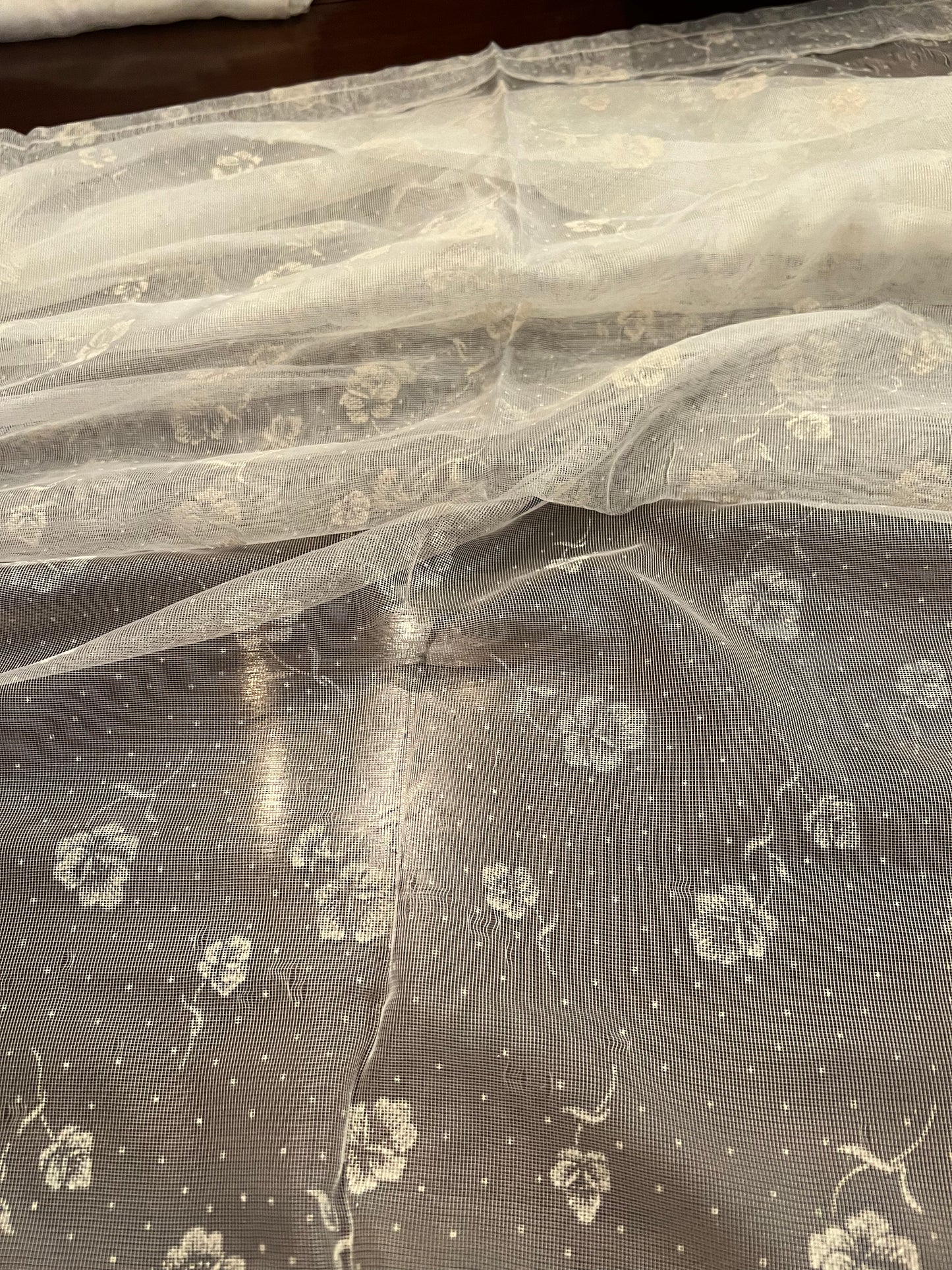 π Vintage Mid-Century Sheer Gold Flocked Floral Curtain Panel β 84β x 36β with Scalloped Edges π