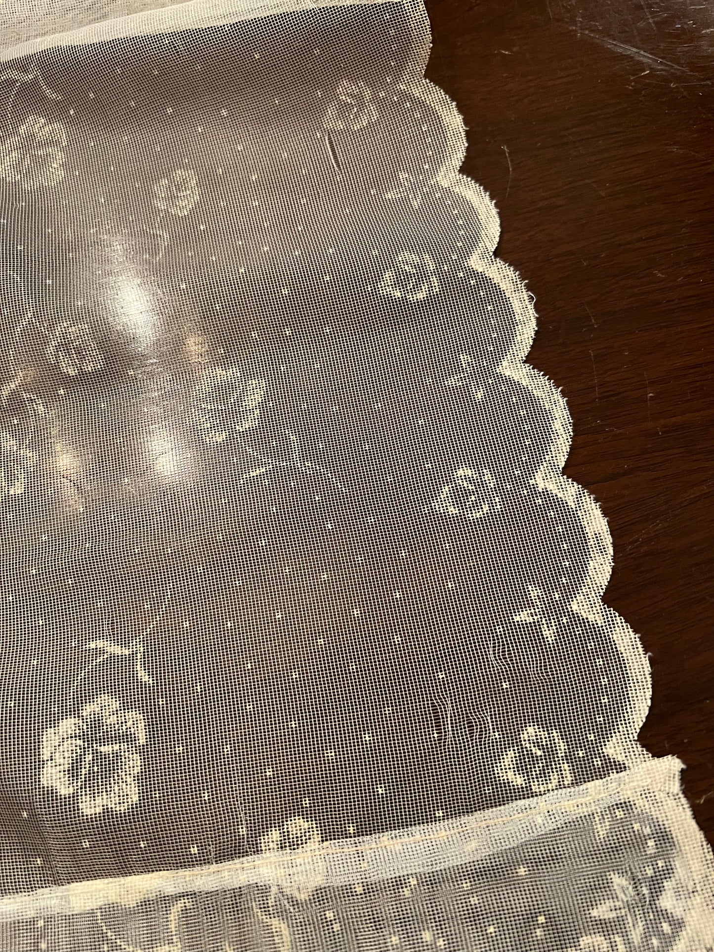 π Vintage Mid-Century Sheer Gold Flocked Floral Curtain Panel β 84β x 36β with Scalloped Edges π