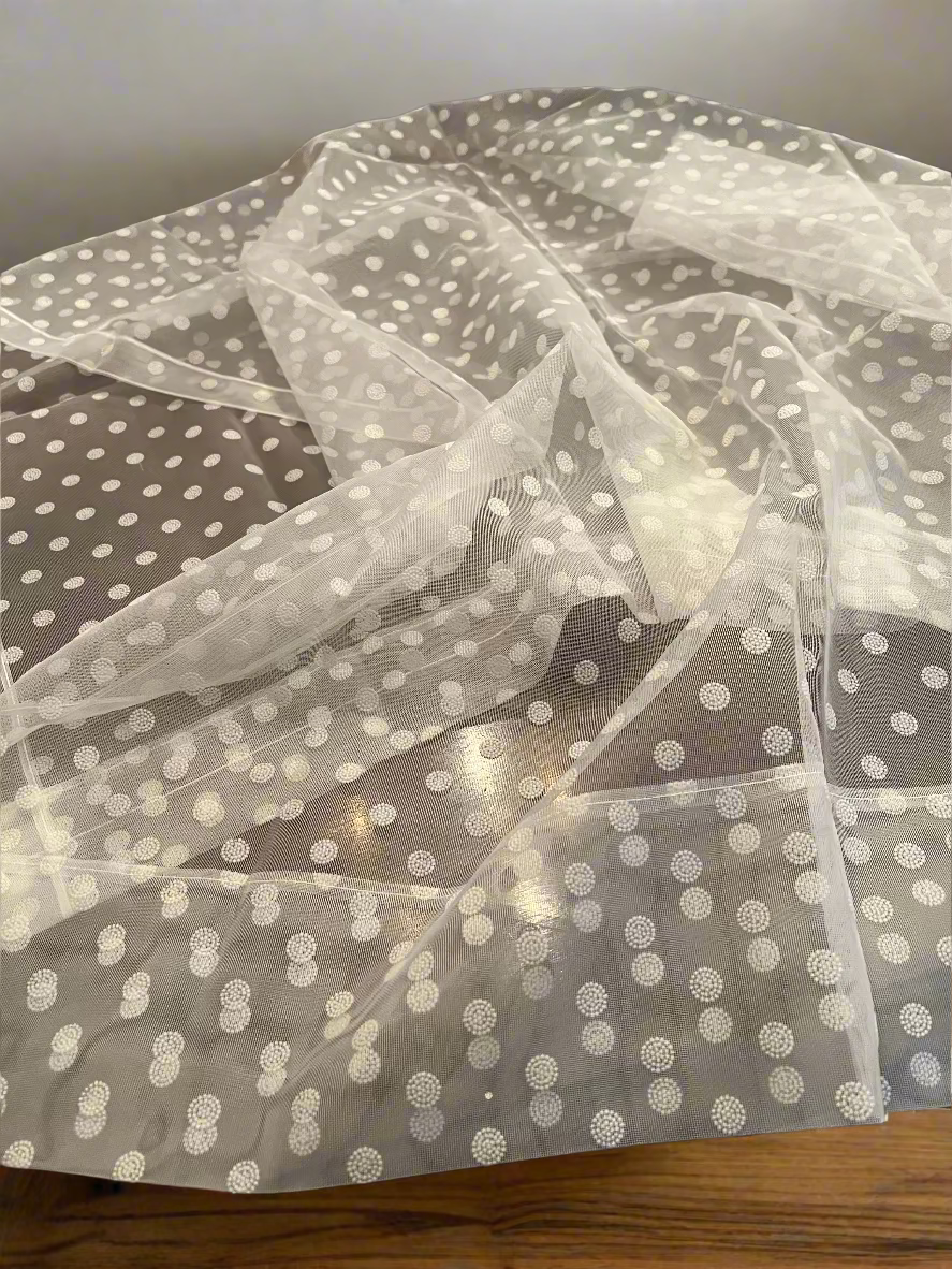 π€ Vintage Sheer White Flocked Polka Dot Curtain Panel