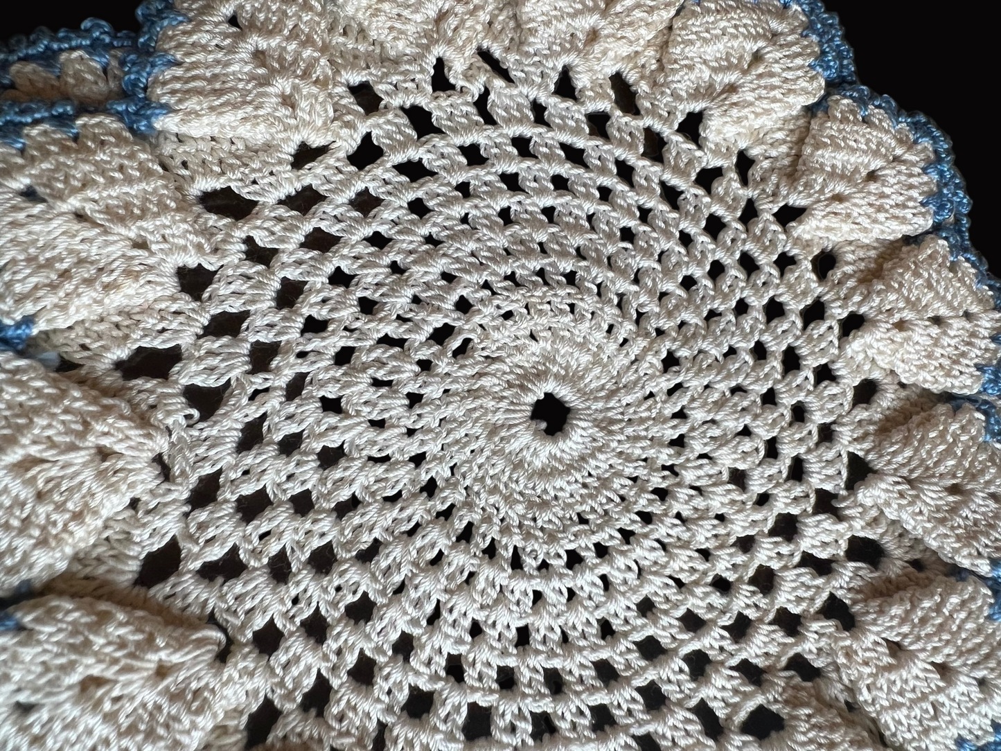 π Vintage Crocheted Doily β White with Blue Floral Edges, 8"