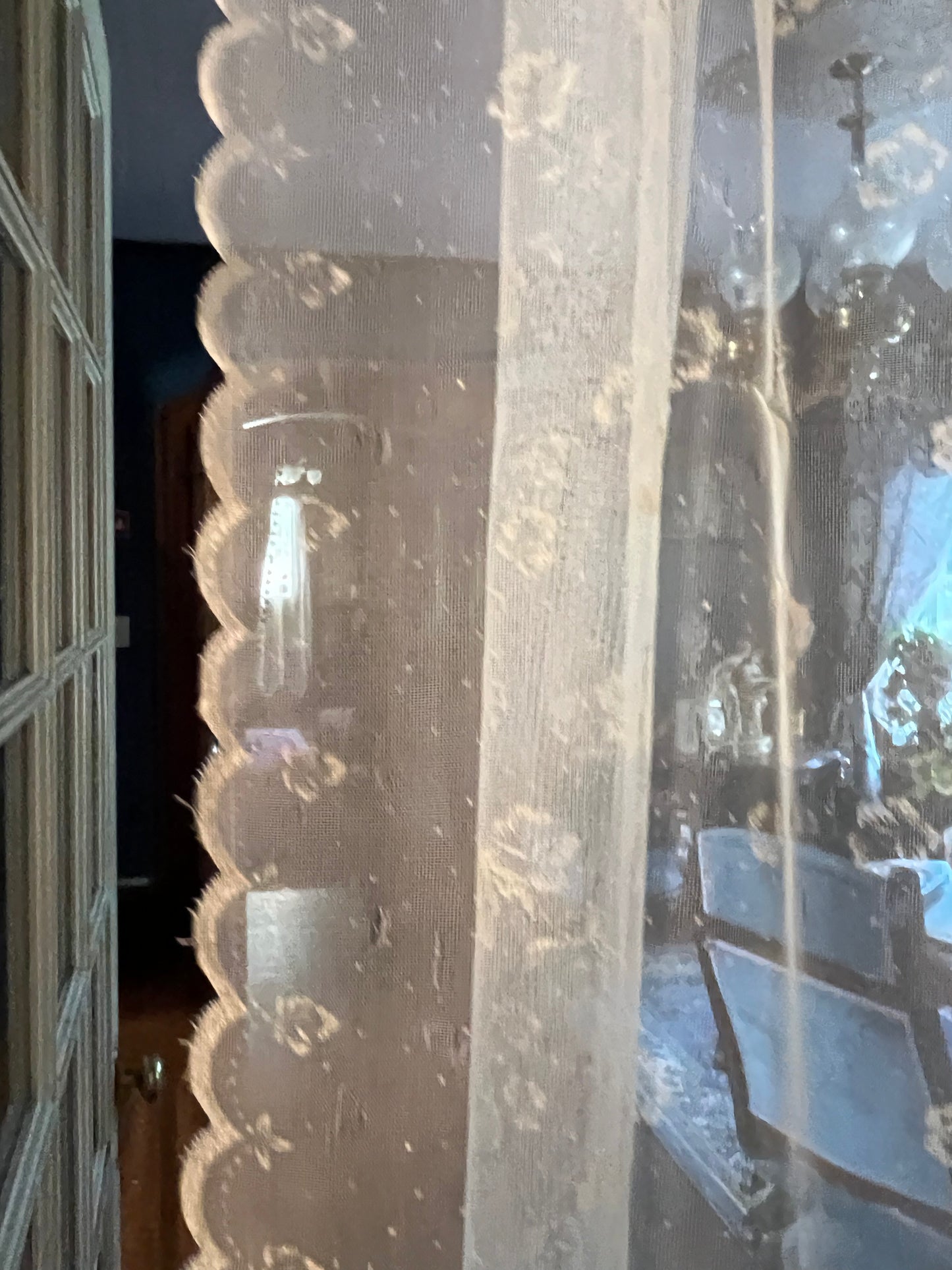 π Vintage Mid-Century Sheer Gold Flocked Floral Curtain Panel β 84β x 36β with Scalloped Edges π