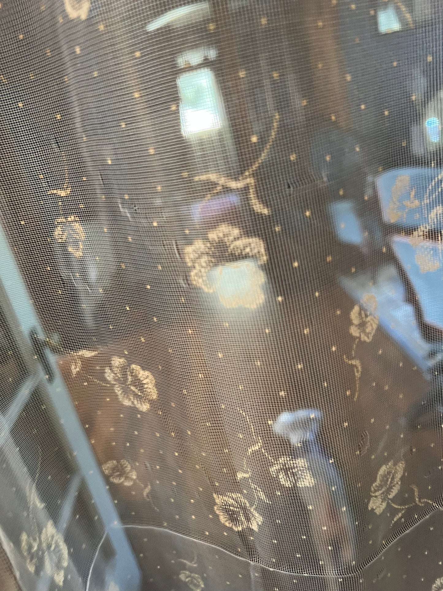 π Vintage Mid-Century Sheer Gold Flocked Floral Curtain Panel β 84β x 36β with Scalloped Edges π