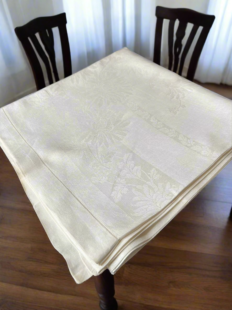 πΌ Vintage Off-White Formal Tablecloth πΏ Floral & Leaf Design | 64x66 Inches ποΈ