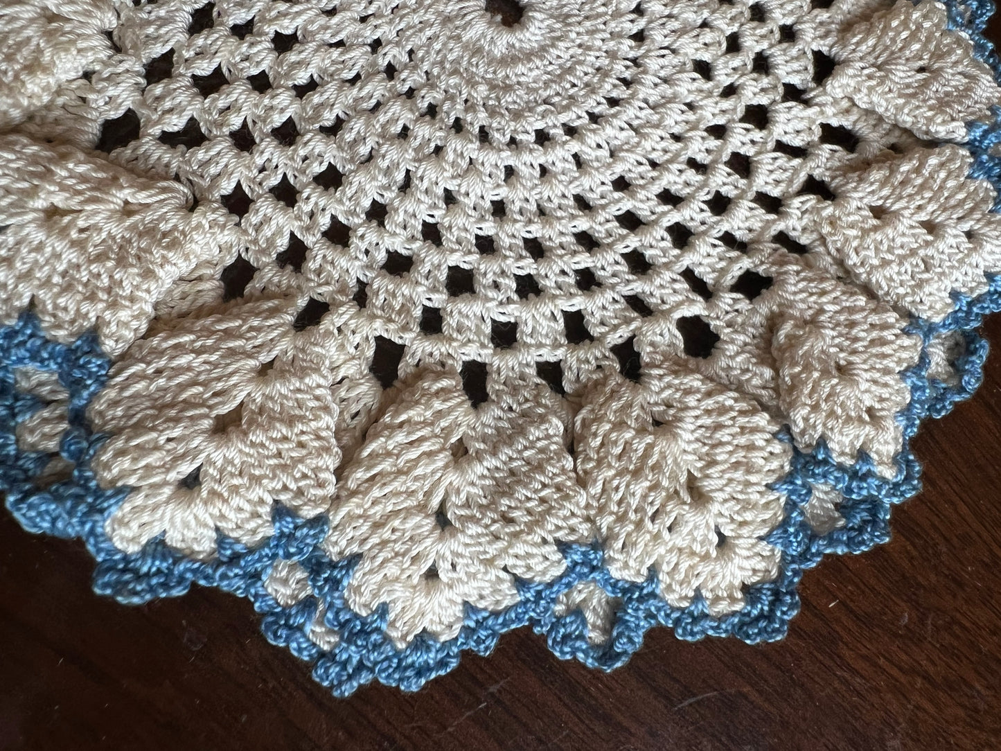 💙 Vintage Crocheted Doily – White with Blue Floral Edges, 8"