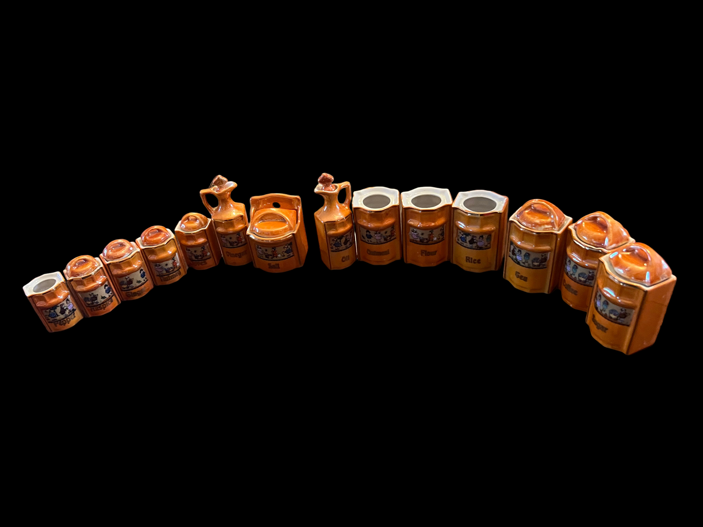Orange Peach Lusterware German Spice Container Cannisters Set