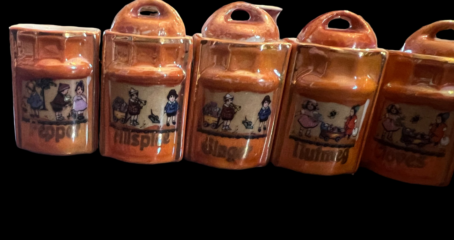 Orange Peach Lusterware German Spice Container Cannisters Set