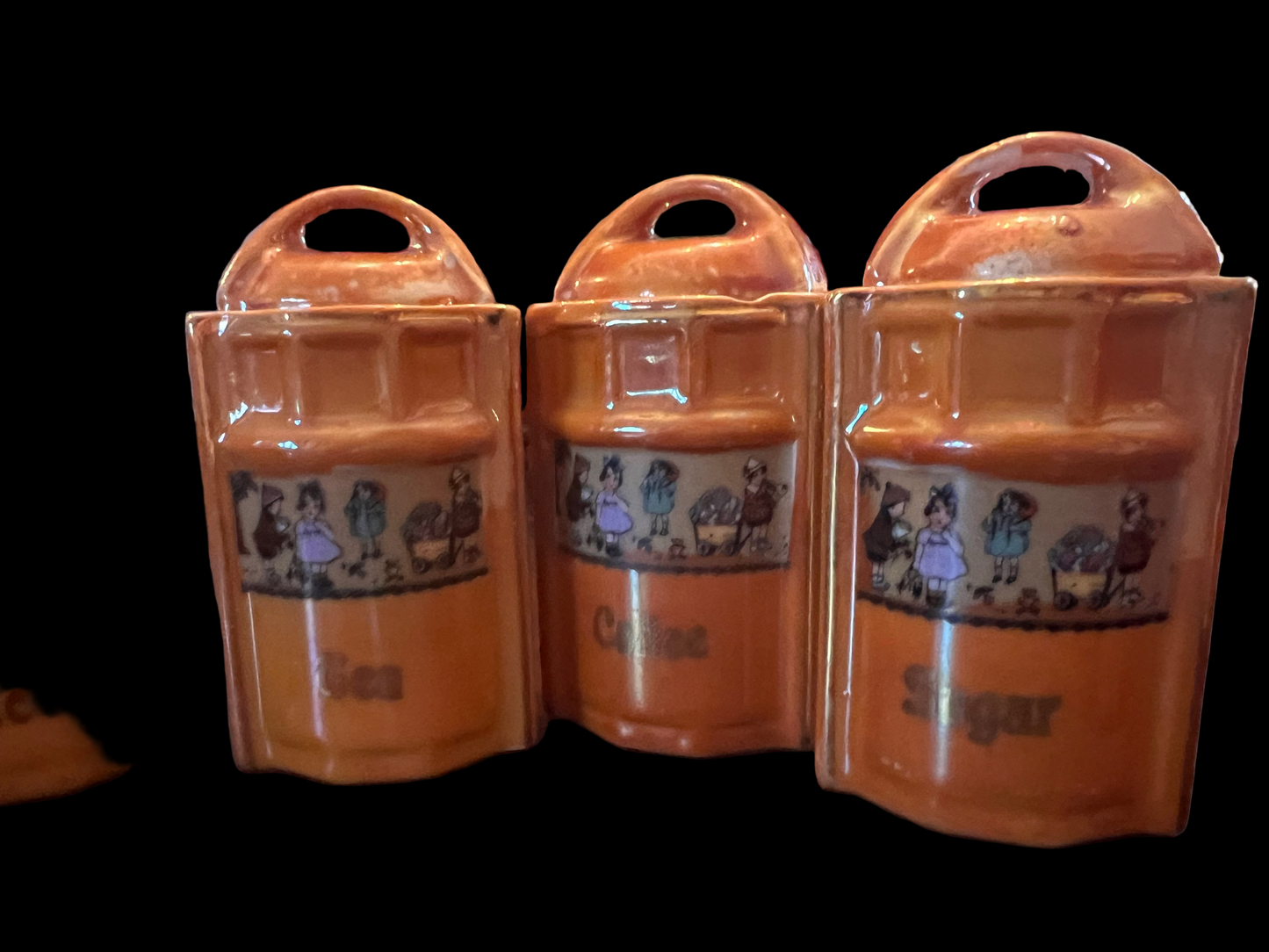 Orange Peach Lusterware German Spice Container Cannisters Set