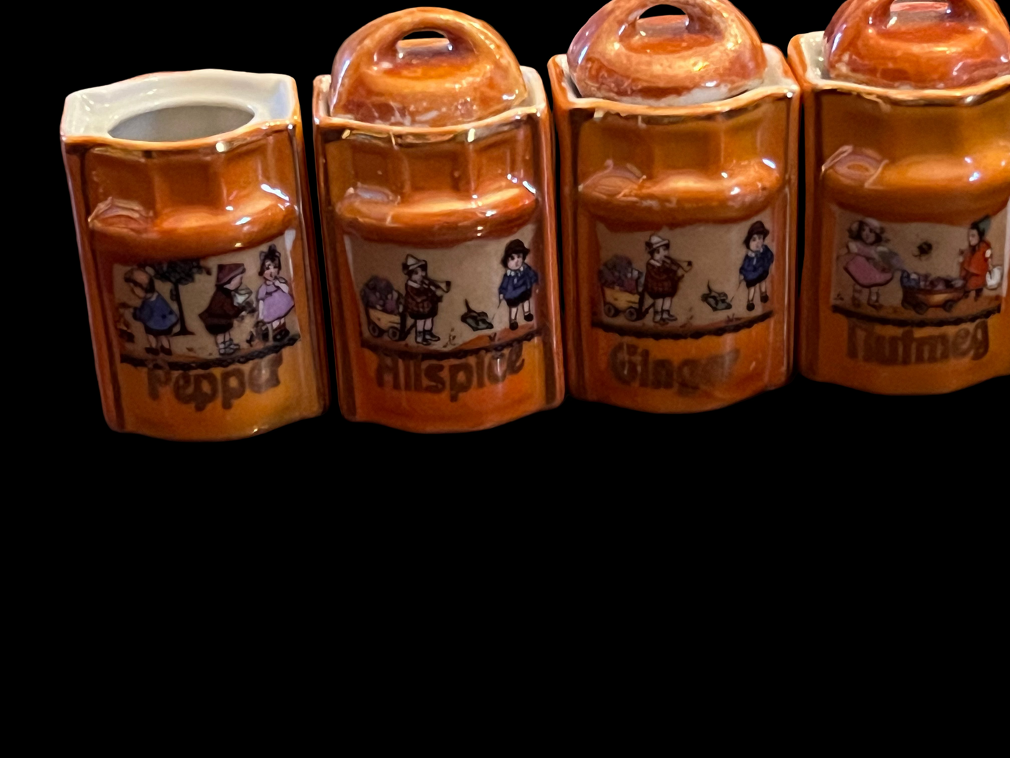 Orange Peach Lusterware German Spice Container Cannisters Set
