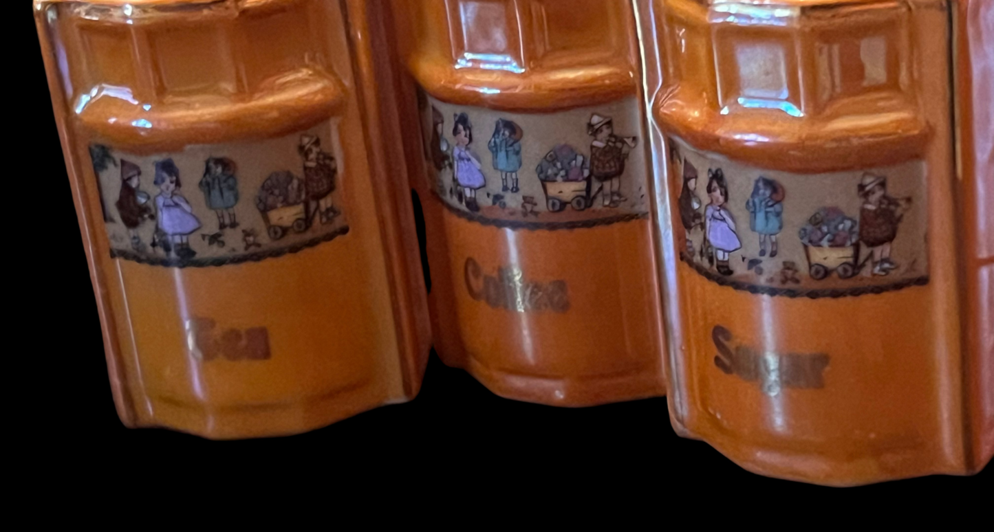 Orange Peach Lusterware German Spice Container Cannisters Set