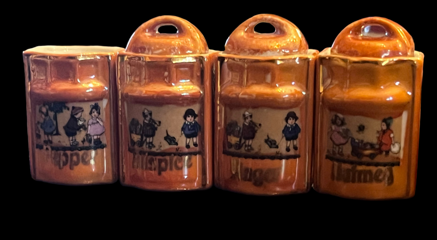Orange Peach Lusterware German Spice Container Cannisters Set