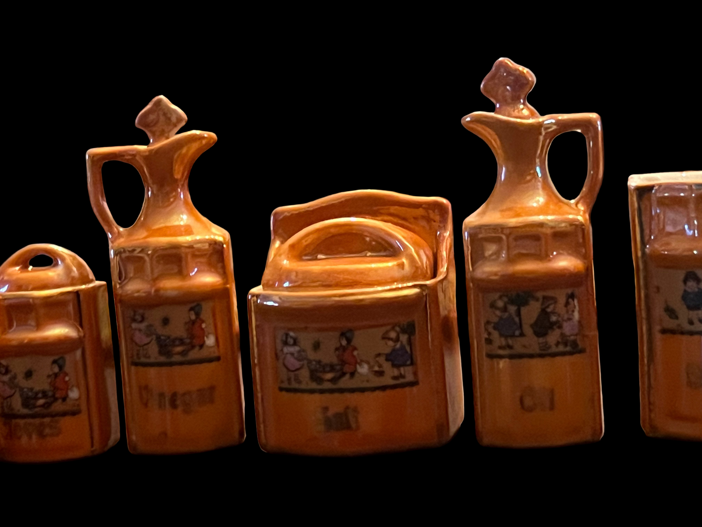 Orange Peach Lusterware German Spice Container Cannisters Set