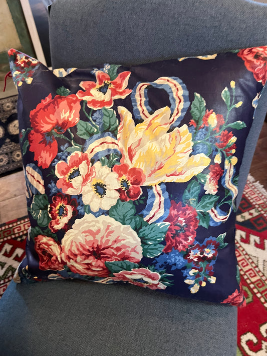 🌺 Handmade Floral Pillow – Dark Blue with Multicolored Design, 20x20