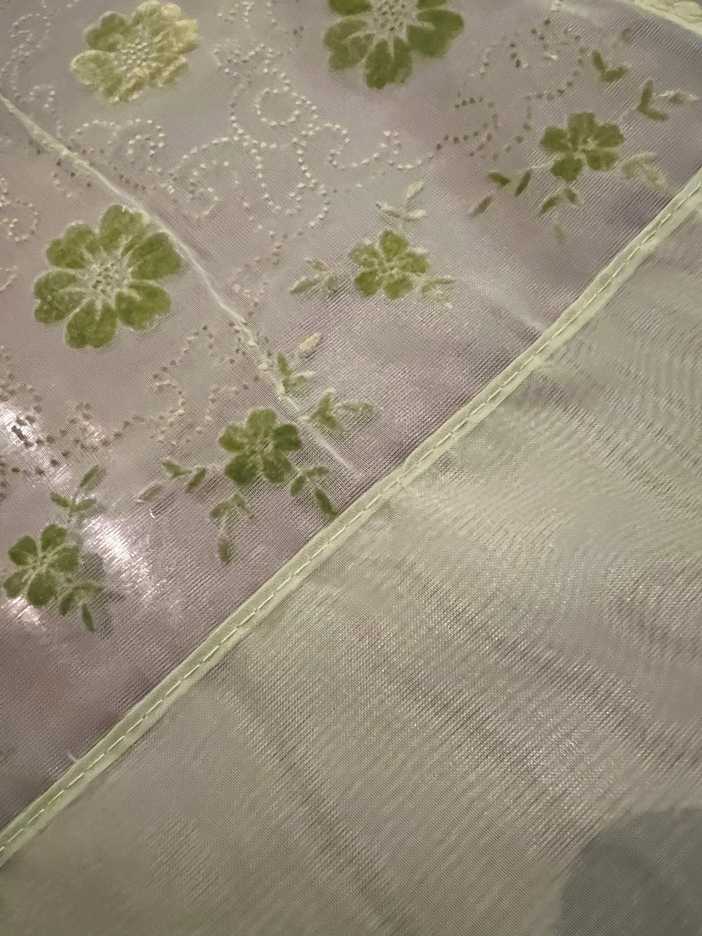 💚 Vintage Sheer Green Curtains with Flocked Embossed Design – Set of 3 Panels 💚