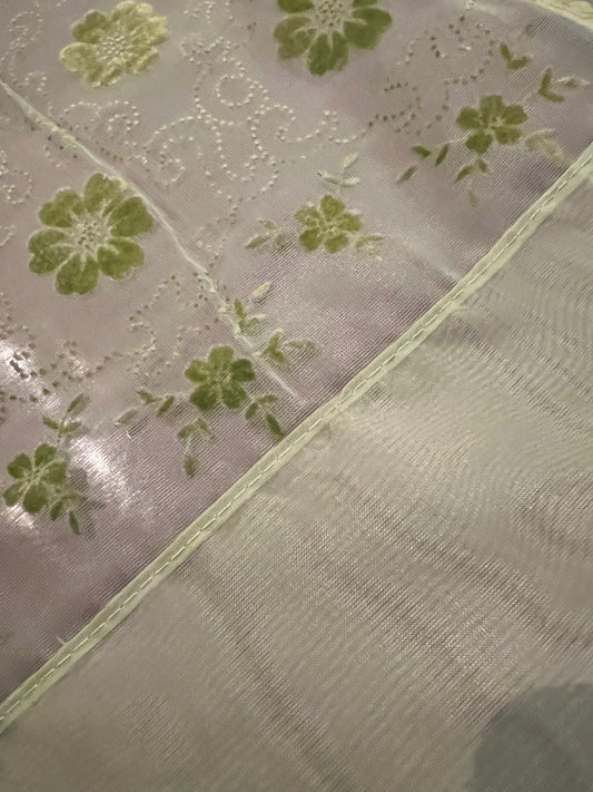 💚 Vintage Sheer Green Curtains with Flocked Embossed Design – Set of 3 Panels 💚