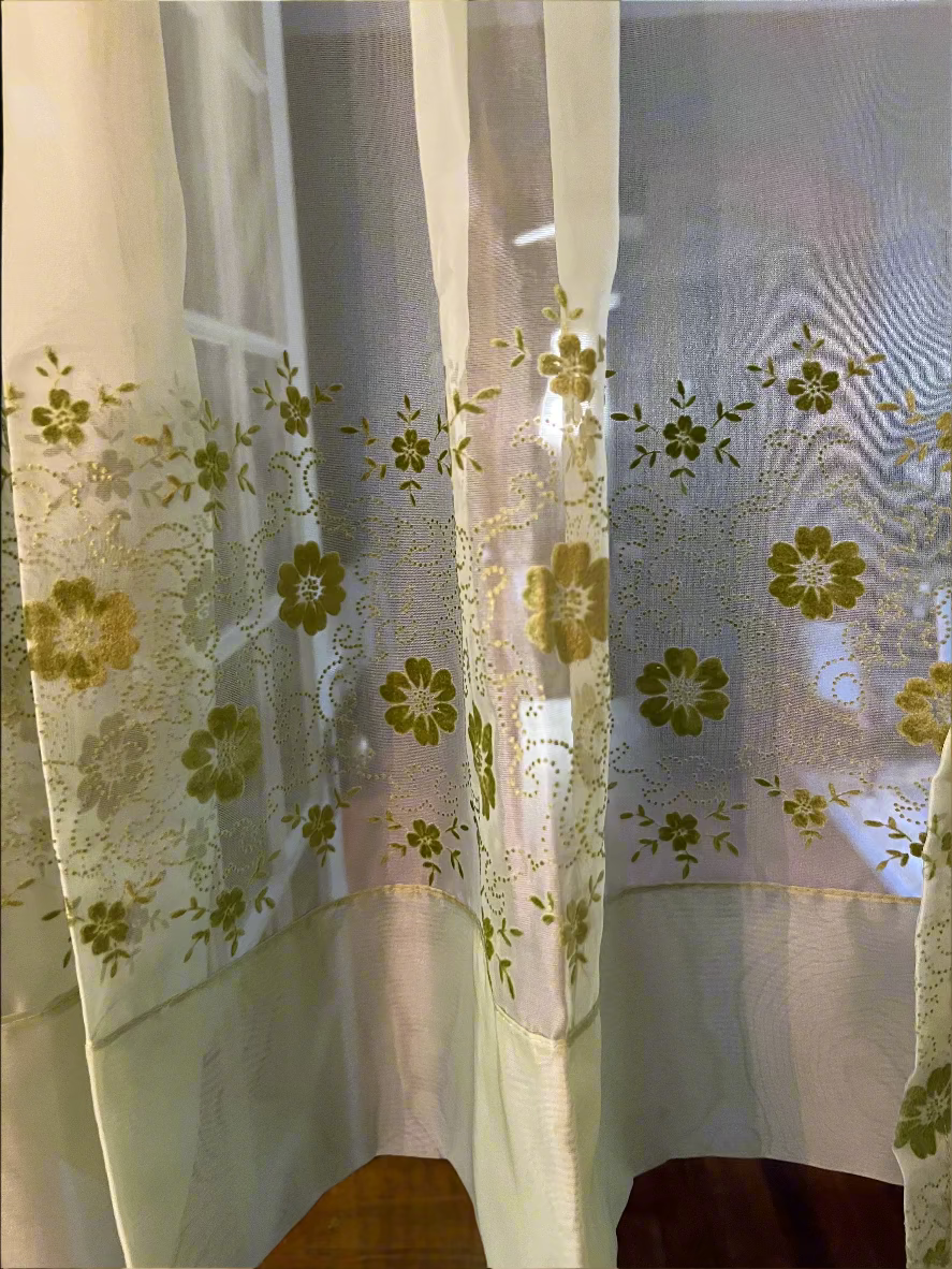 💚 Vintage Sheer Green Curtains with Flocked Embossed Design – Set of 3 Panels 💚