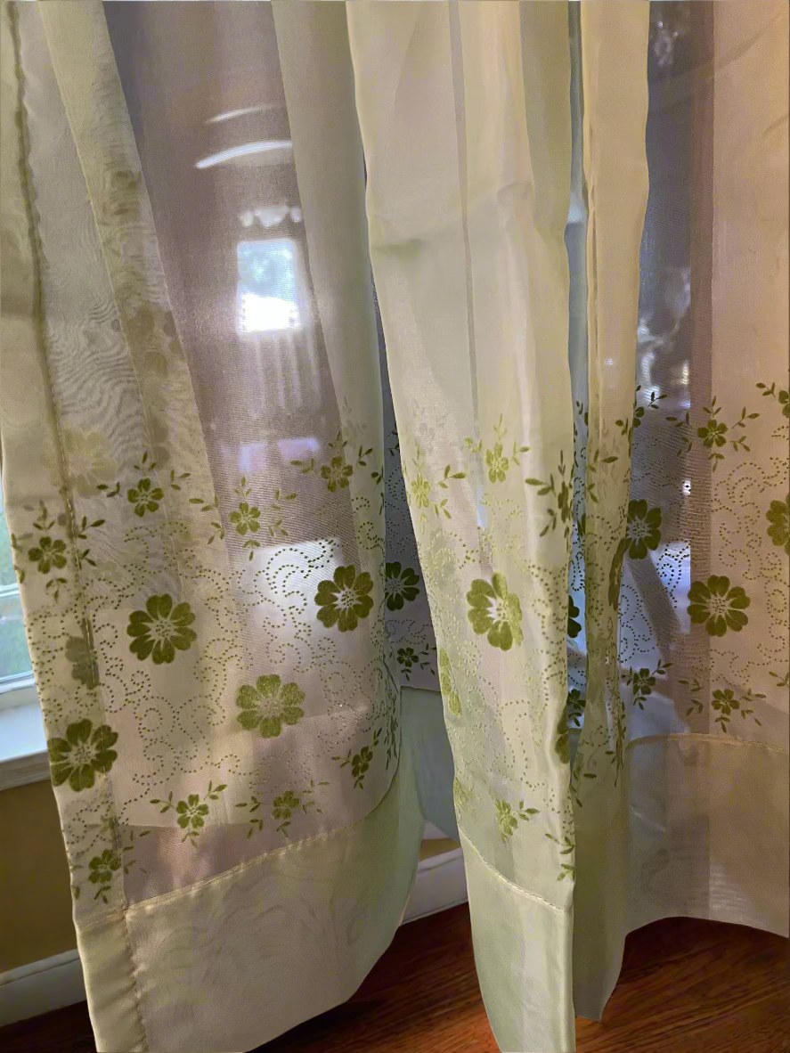 💚 Vintage Sheer Green Curtains with Flocked Embossed Design – Set of 3 Panels 💚