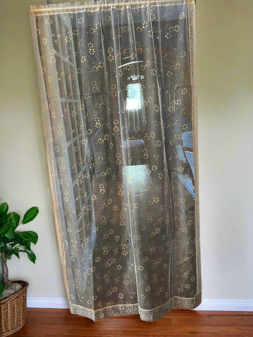 🌼 Mid-Century Sheer Gold Floral Curtains – Set of 4 Vintage Panels 🌼