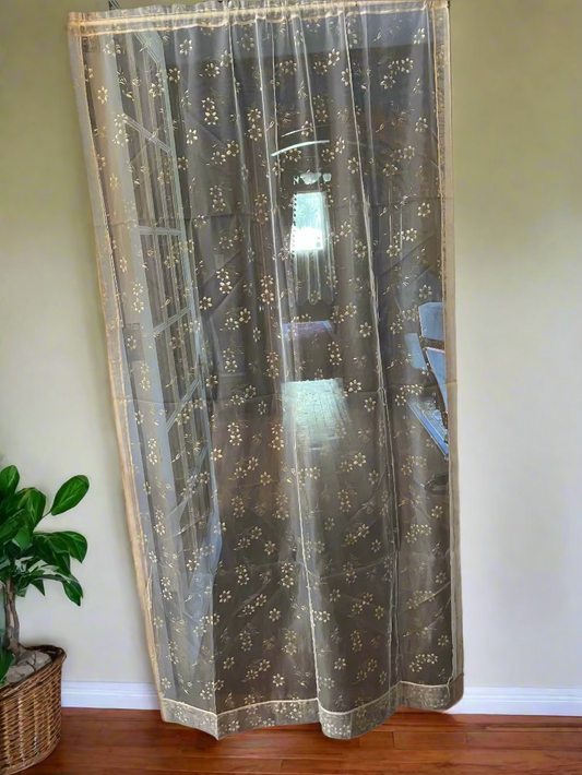 🌼 Mid-Century Sheer Gold Floral Curtains – Set of 4 Vintage Panels 🌼