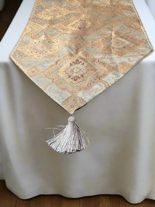 🌿 Elegant Handmade Table Runner 🧵 Lined with Decorative Stitching & Tassels ✨